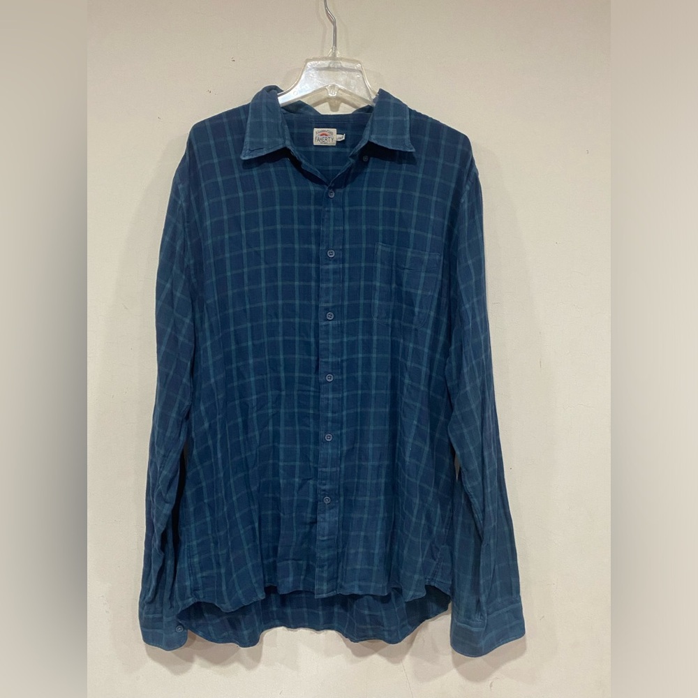 Faherty Shirt Mens XXL Blue Plaid Button Up Long Sleeve Organic Cotton